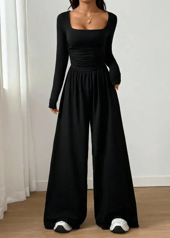

2025 Autumn/winter Black Full-Length Sleeve Bodysuit Women's Pants