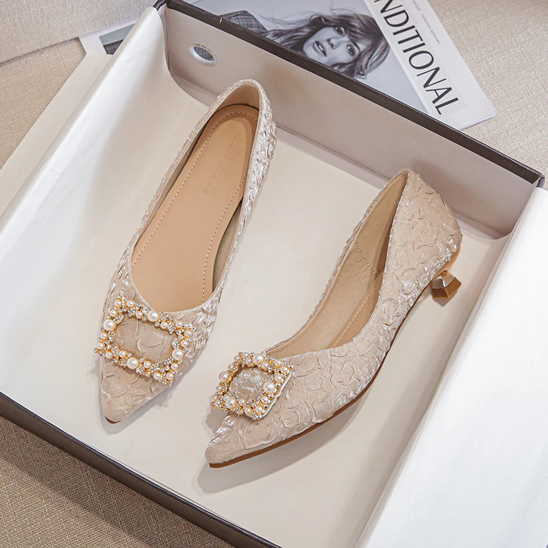 Ivory Textured Satin Pointed Toe Kitten Heel Pumps With Pearl Rhinestone Buckle Elegant Dress Shoes For Office Work Wedding view 4