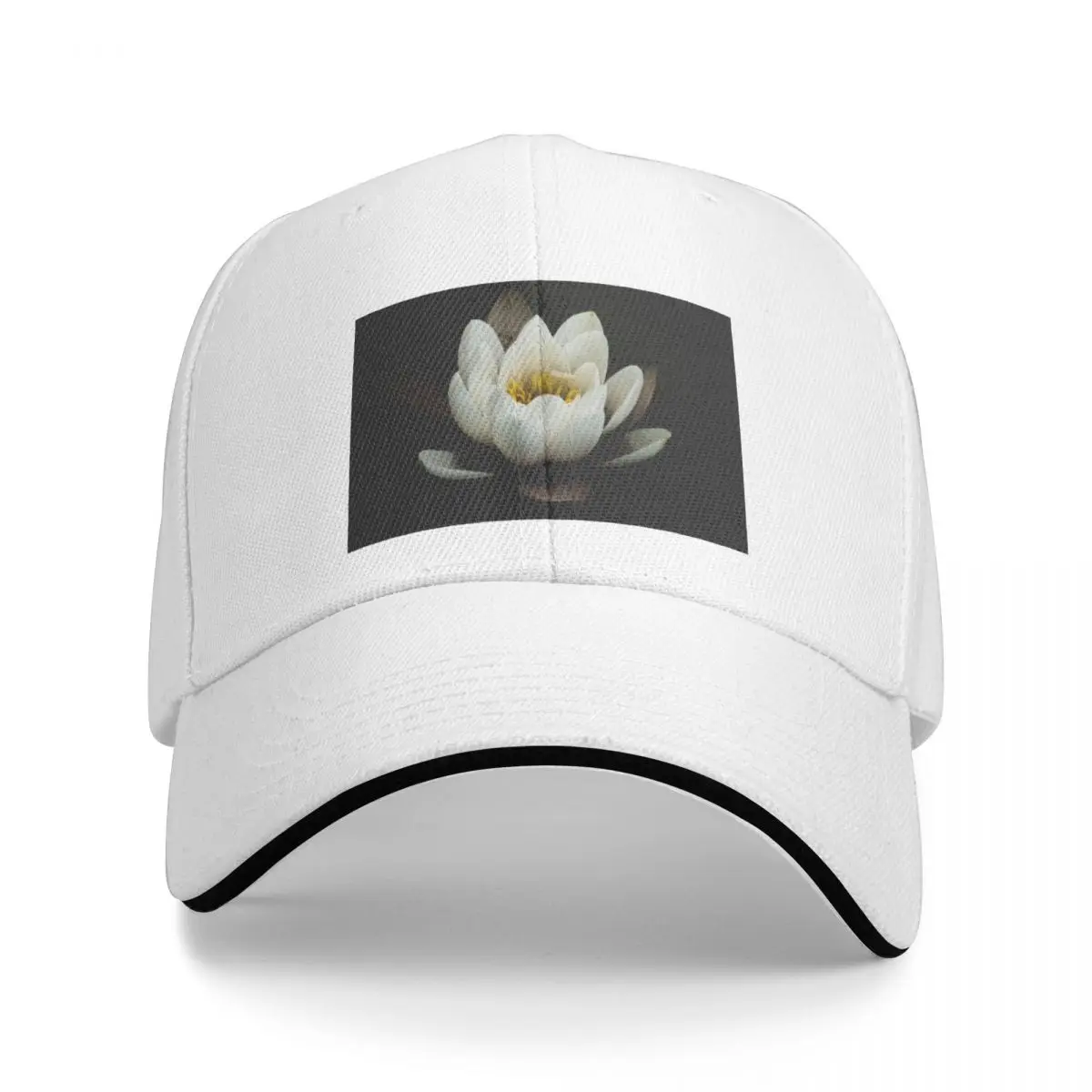 Stunning Floral Design White and Yellow Water Lilly in Lilly Pond Black Background Cap Baseball Cap golf mens caps Women's