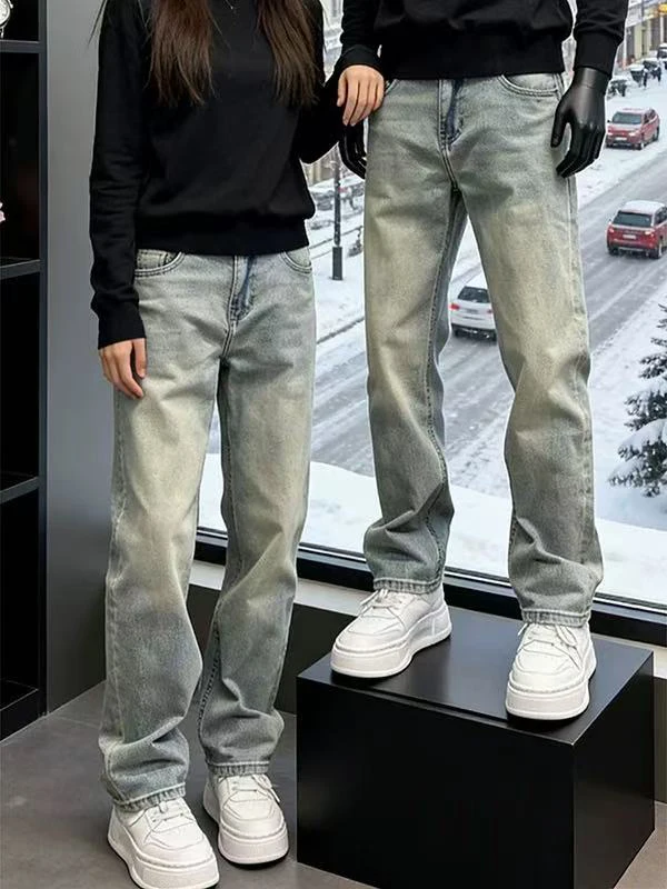 

Light Blue High Waist Straight Leg Jeans Men Women Waed Slim Fit Elastic Long Pants Casual Denim Trousers for Teens