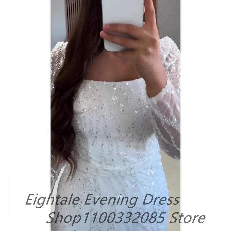 White Mermaid Knee Length Shinning Evening Dress Long Sleeve Luxury 2023 Sequined Formal Prom Dress Dubai Party Gown Customized