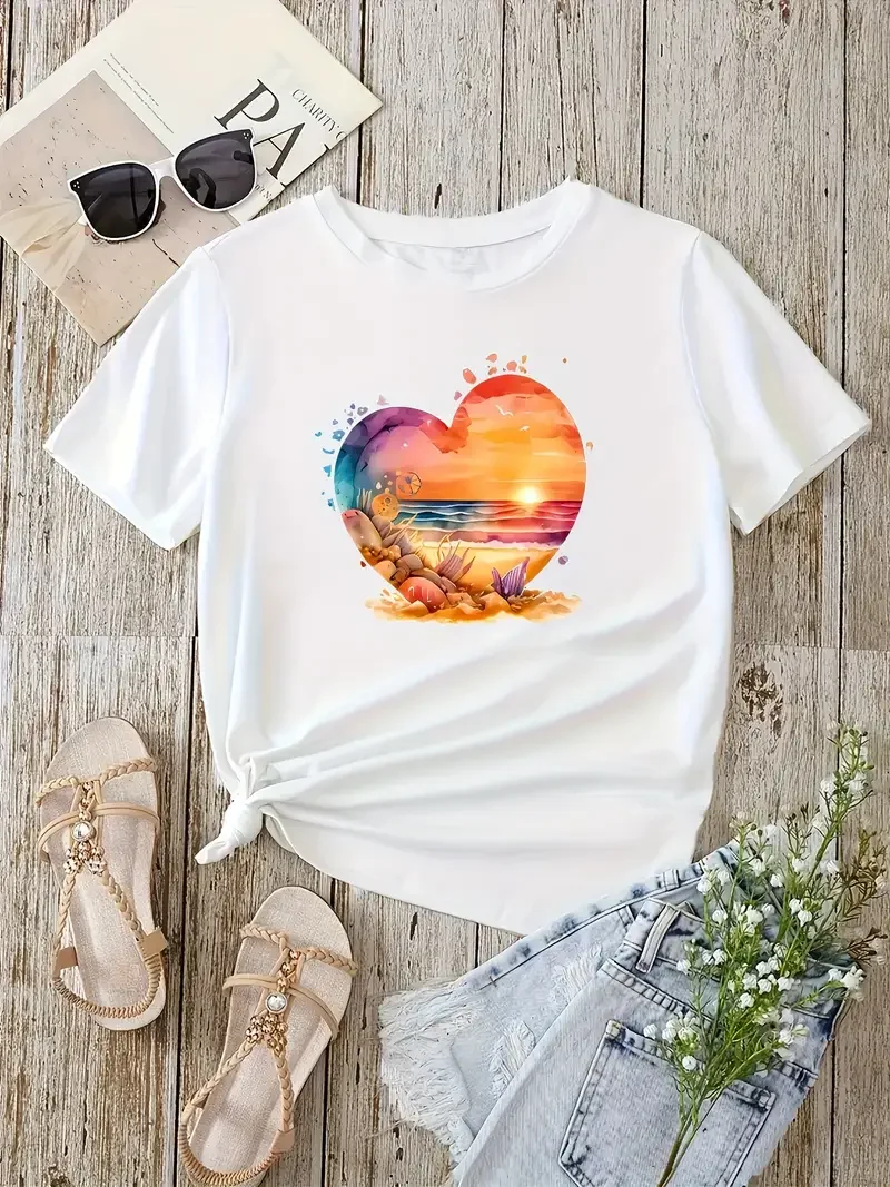 

Watercolor Beach Sunset Palm Tree Beach Fashion Print Women Tshirt Summer O-neck Short Sleeved Tee Tops