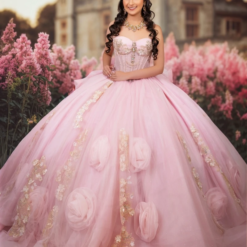 

Розовые платья Quinceanera с открытыми плечами, аппликация, цветок, бисер, хрустальный бант, тюлевое платье для вечеринки, дня рождения, сладкое платье 16, Vestidos 15 De