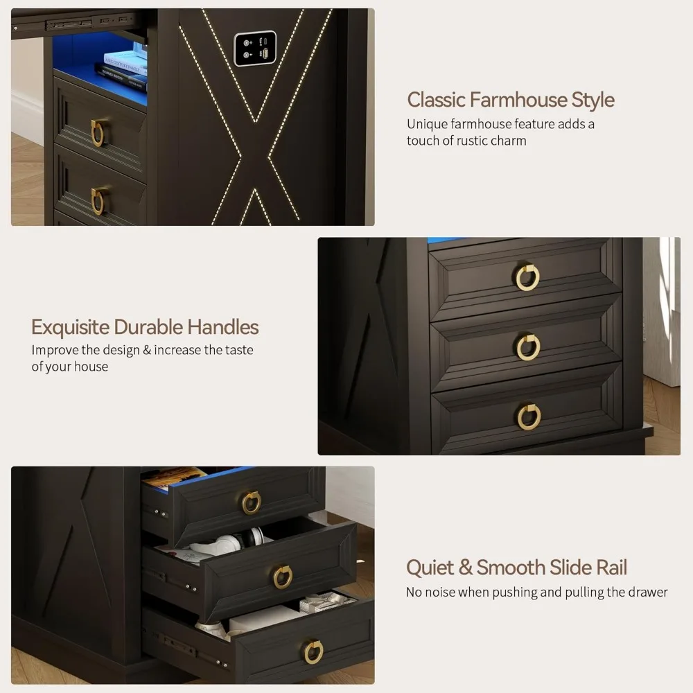 Rustic Wood Nightstand with Human Sensor LED Lights, Charging Station, and Gun Drawer for Bedside Use