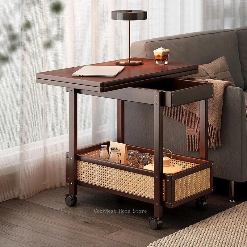 Rotating Folding Side Table, Solid Wood Tea Cabinet with Storage, Bamboo Organizer for Small Spac