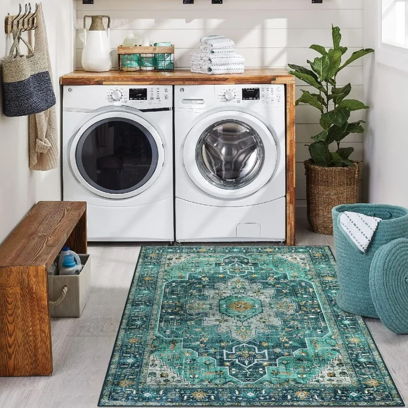 Green Boho Entry Throw Rug Vintage Oriental Medallion Carpets for Living Laundry Room Non Slip Sofa Bedroom Floor Mat Home Decor