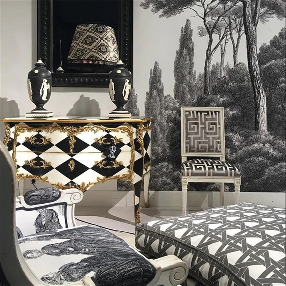 Customized mural 3D black and white tree wallpapers modern retro nostalgic forest sofa background wall decoration painting mural