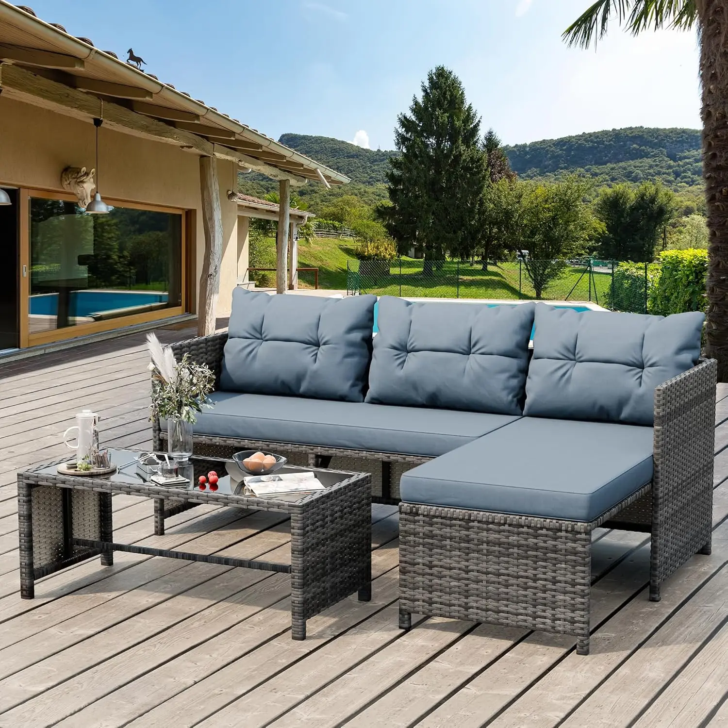 

Outdoor Patio Furniture Set, 3-Piece Wicker Sectional Sofa with Glass Coffee Table and Cushion, All-Weather Rattan, Blue Grey
