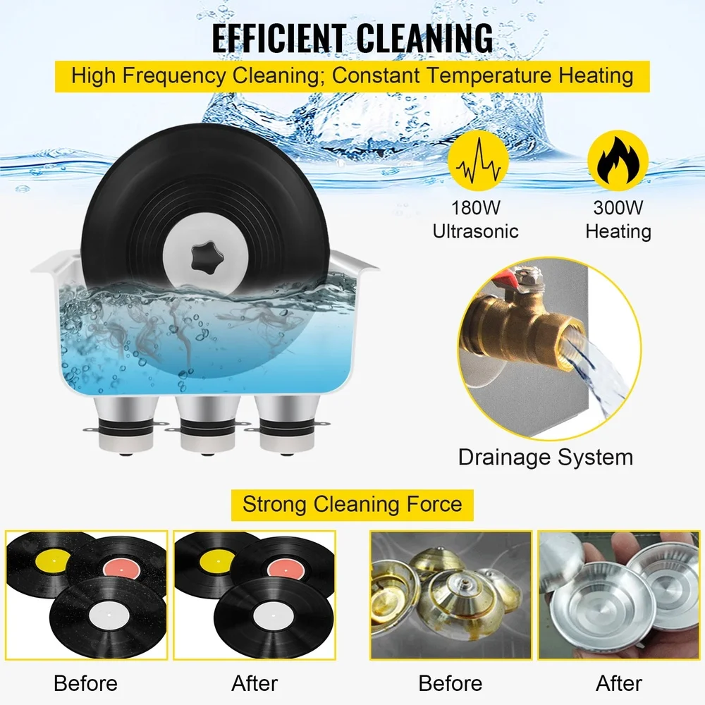 Ultrasonic Vinyl Record Cleaner 6L Stainless Steel Machine 40kHz Deep Clean Adjustable Time Temperature Perfect Jewelry Glasses