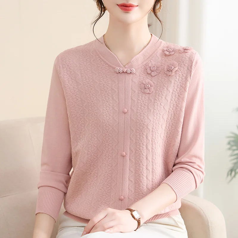 Woman Clothing New V Neck Long Sleeve Tops Spring Autumn Pullover Sweater Elegant Buttons Knitwear Blouse Mother Pull Jumper