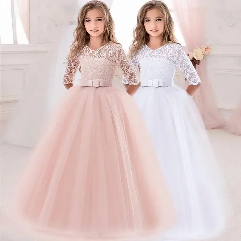 Elegant Princess Lace Dress for Kids Flower Embroidery Dresses Teens Girl Vintage Children Wedding Birthday Party Pink Ball Gown