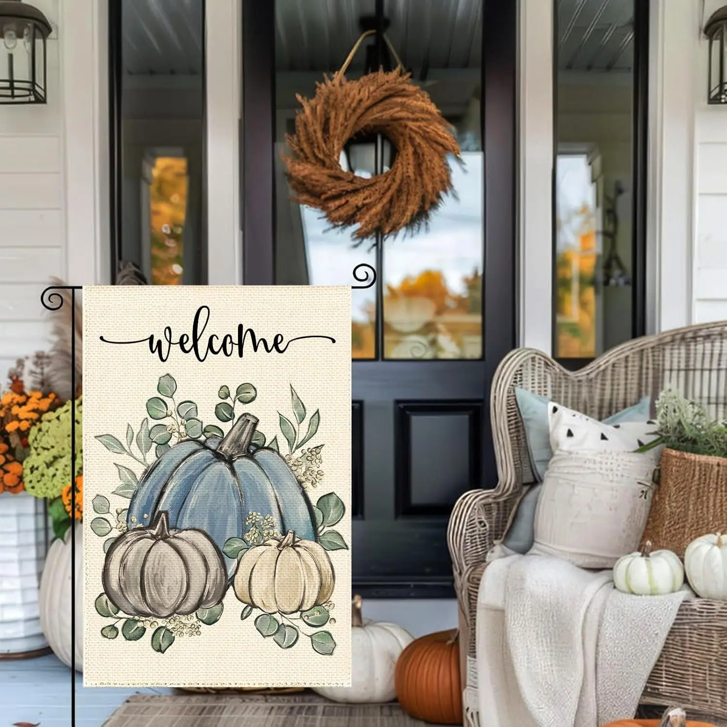 Fall Thanksgiving Harvest Blue Pumpkin Garden Flag 12 x 18 Inch, Autumn Grateful Burlap Double Sided Welcome Small Flag Yard EEZ