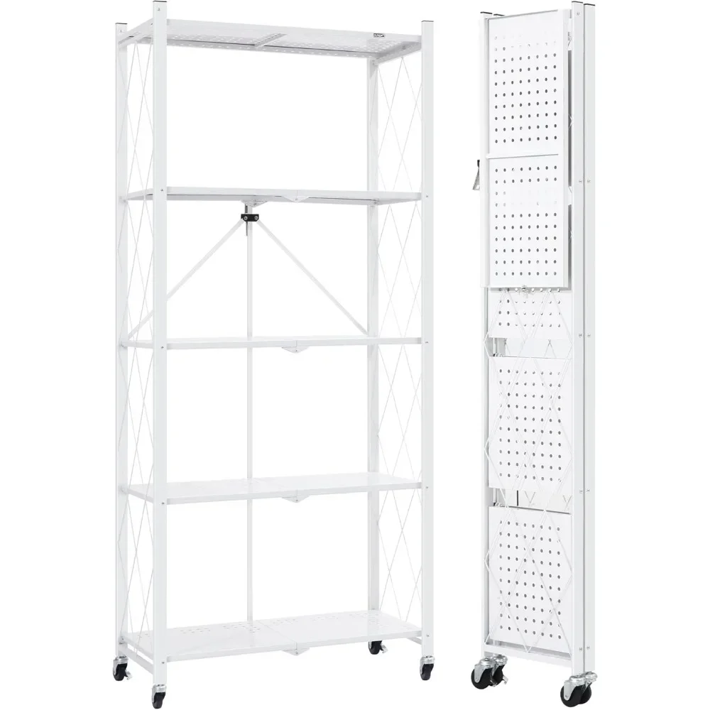 

Metal Storage Shelves, 5 Tier Folding Storage Shelves on Wheels, Heavy Duty Collapsible Shelving Unit, No Assembly Storage Rack