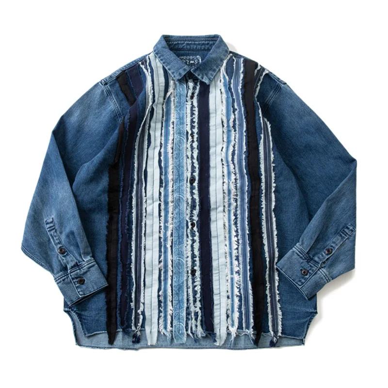 

Japan Style Rag Stripes Patchwork Men Blue Denim Shirt Turn Down Collar Garment Washed Retro Loose Casual Shirts