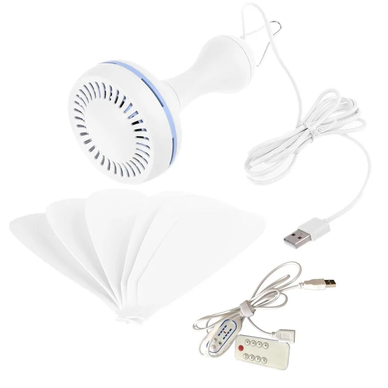 USB Powered Ceiling Canopy Fan w/ Remote Control & 4 Speed - Silent Hanging Fan for Camping Bed Dormitory Tent. Flashlight Neck