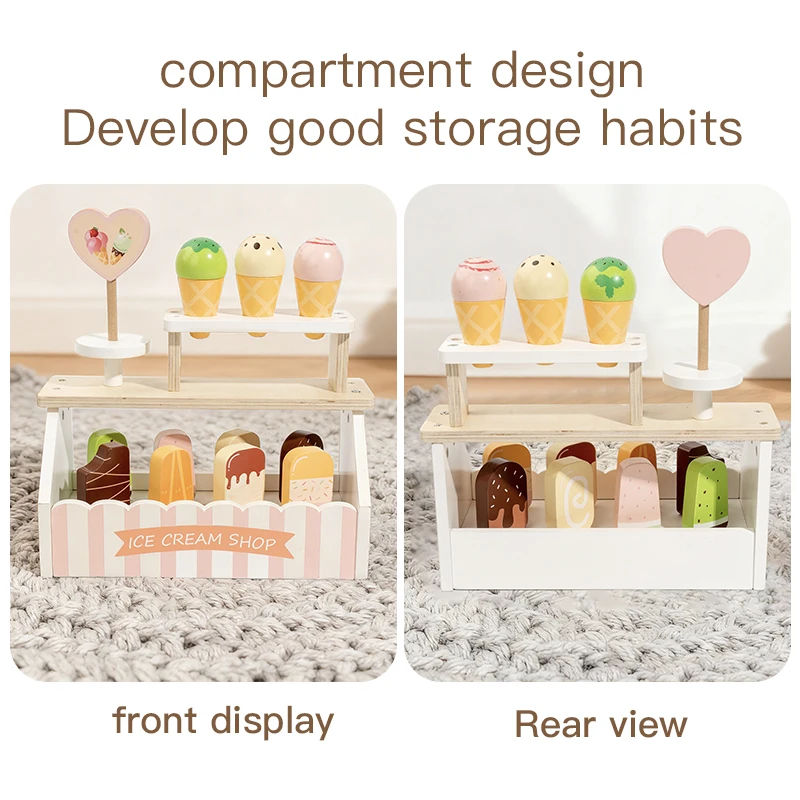 Drewniany zestaw zabawek - stojak na lody - zabawka do odgrywania ról w stylu duńskiego królestwa, odpowiednia do zabawy w sklep dla dzieci.
