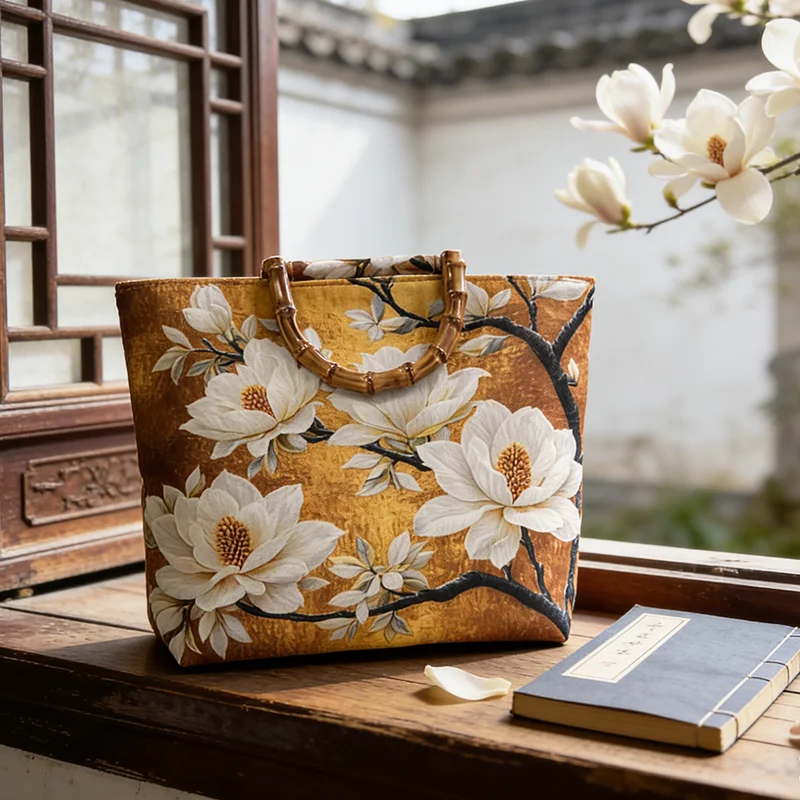 Magnolia-Ölgemälde-Tragetasche für Damen, Handtasche mit Bambusimitat-Griff und großem Fassungsvermögen, für Pendeln und Einkaufen, tägliche Reisen – Detail 1