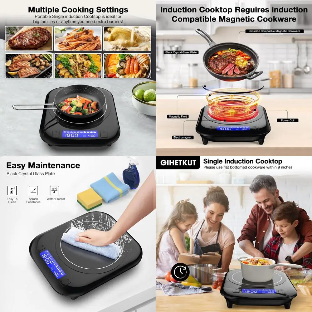 

Индукционная плита 1800 Вт, 110 В, с 5 режимами приготовления, сенсорным LCD-дисплеем, 9 уровнями температуры, таймером на 4 часа и защитой от перегрева