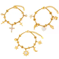 316L Stainless Steel Cross Moon Stars Pendant Bangle Women's Vintage Rhinestone Heart Bracelet Luxury Gilded Jewelry Gift