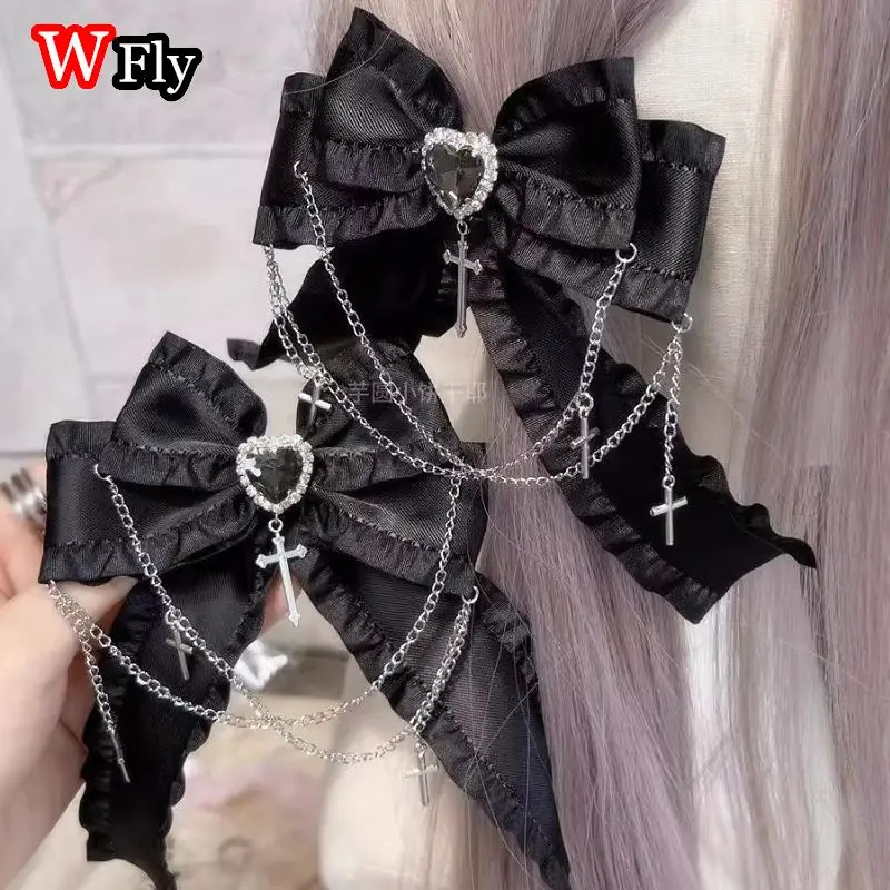 Women's Harajuku Steampunk Handmade Headwear Subculture Japanese Spicy Girls Lolita Y2K Gothic bow chain Cross pendant Hairpins