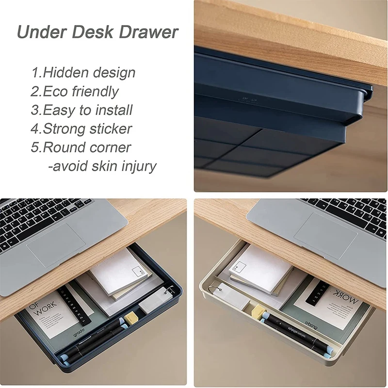 2Pcs Under Desk Drawer Organizer Set,  Slide Out Desk Organizers And Storage, Self-Adhesive Pencil Drawer Tray