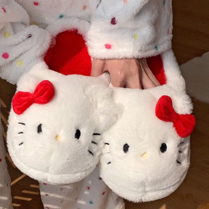 Hello Kitty Wool Slippers Anime Cartoon Sanrio Ins Cotton Slippers Women's Autumn Winter Wear non-Slip Home Indoor Cotton Shoes