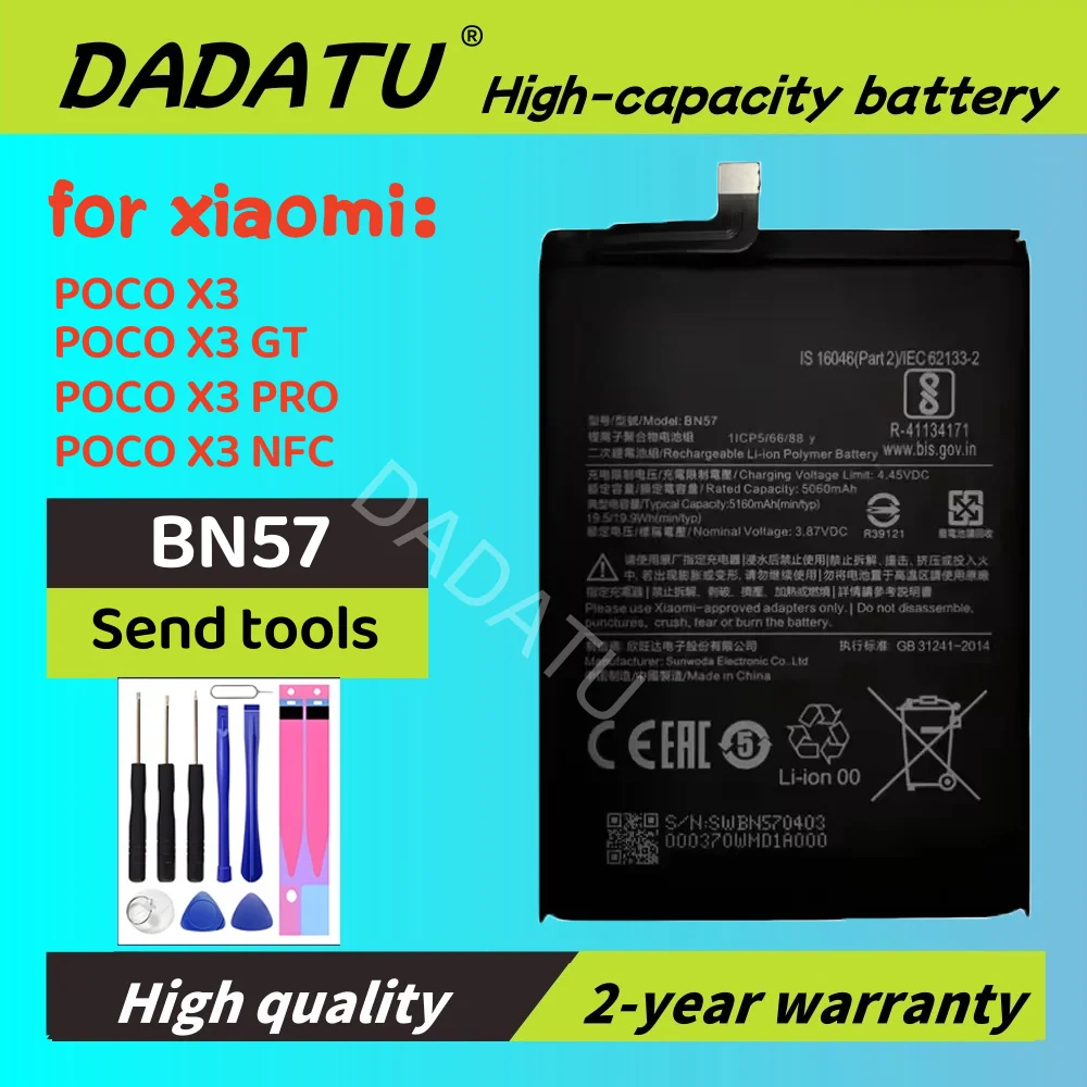 

DADATU High Capacity Battery BN57 5160mAh for Xiaomi POCO X3, POCO X3 Pro,POCO X3 NFC, POCO X3 GT Replacement Battery with Tools