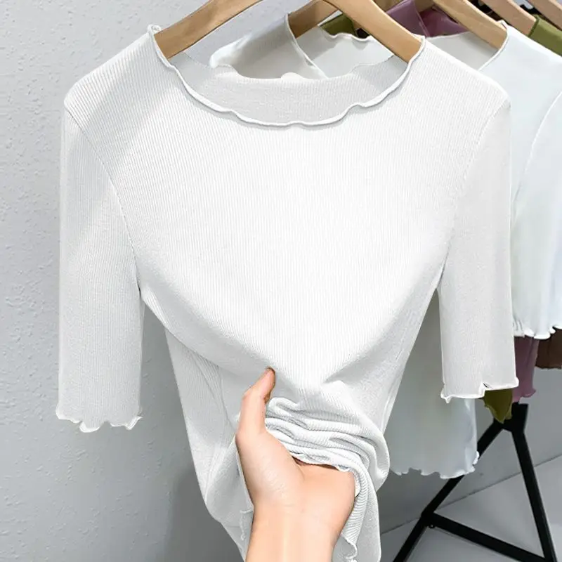 แฟชั่นO-คอสีทึบเสื้อเกาหลีเสื้อผ้าผู้หญิง2025ฤดูร้อนใหม่Slim Casual Pullovers Tops All-Matchเสื้อ