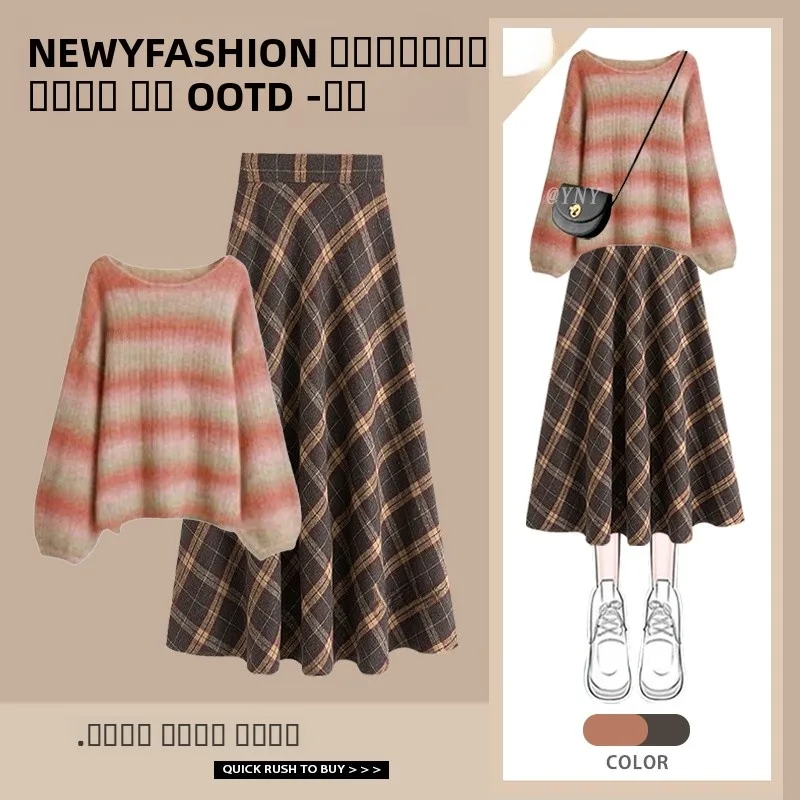 

Korean Sle Faion Set Women's New Sle Age-Defng Color Blo Striped Sweater High Waist Skirt Two-Piece Set Spring...