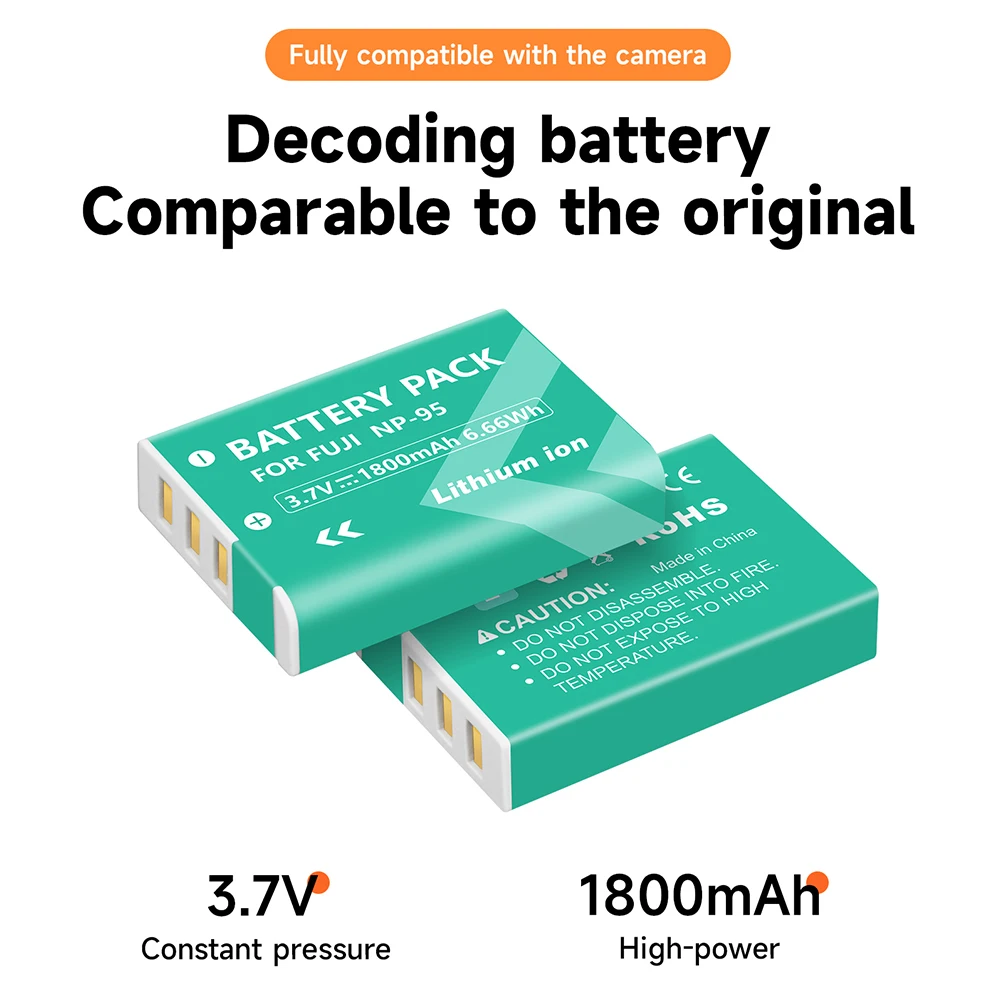 NP 95 배터리 팩 NP-95 3.7V 1800mAh 배터리, Fujifilm F30 F31 F31FD 3D W1 X100T X100S X100 X30 + C타입 고속 충전 충전기