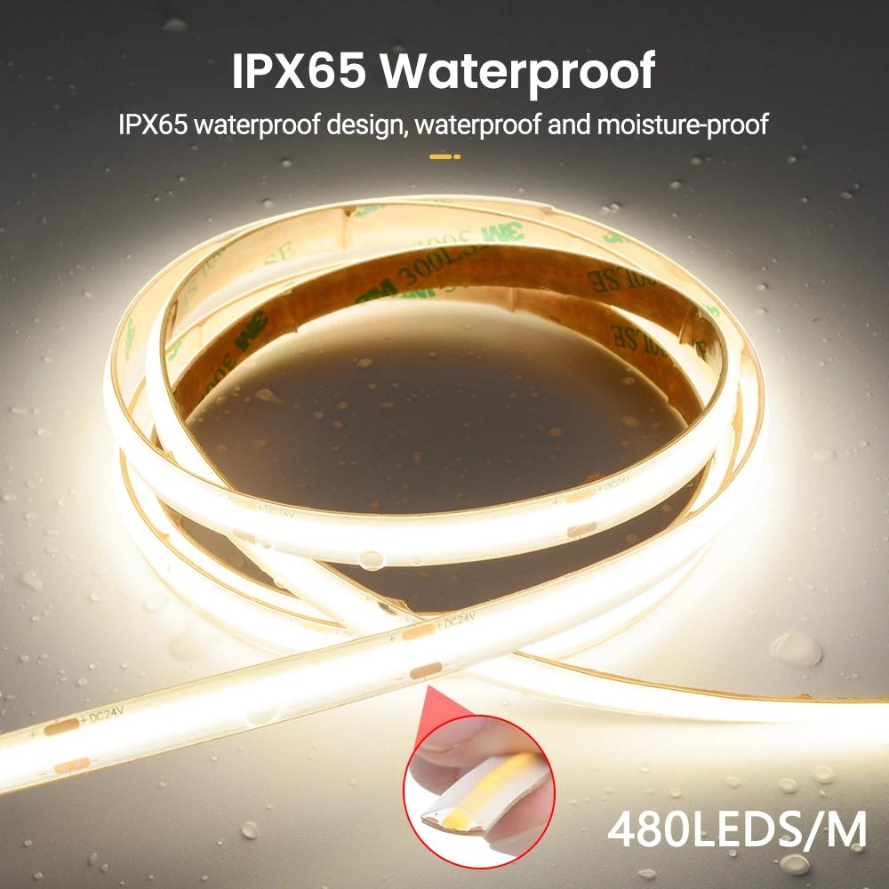 

12V/24V COB LED Strip IP65 Waterproof 480LEDs/M High Density Flexible Tape Ribbon RA90 3000K 4000K 6500K For Kitchen Room Decor