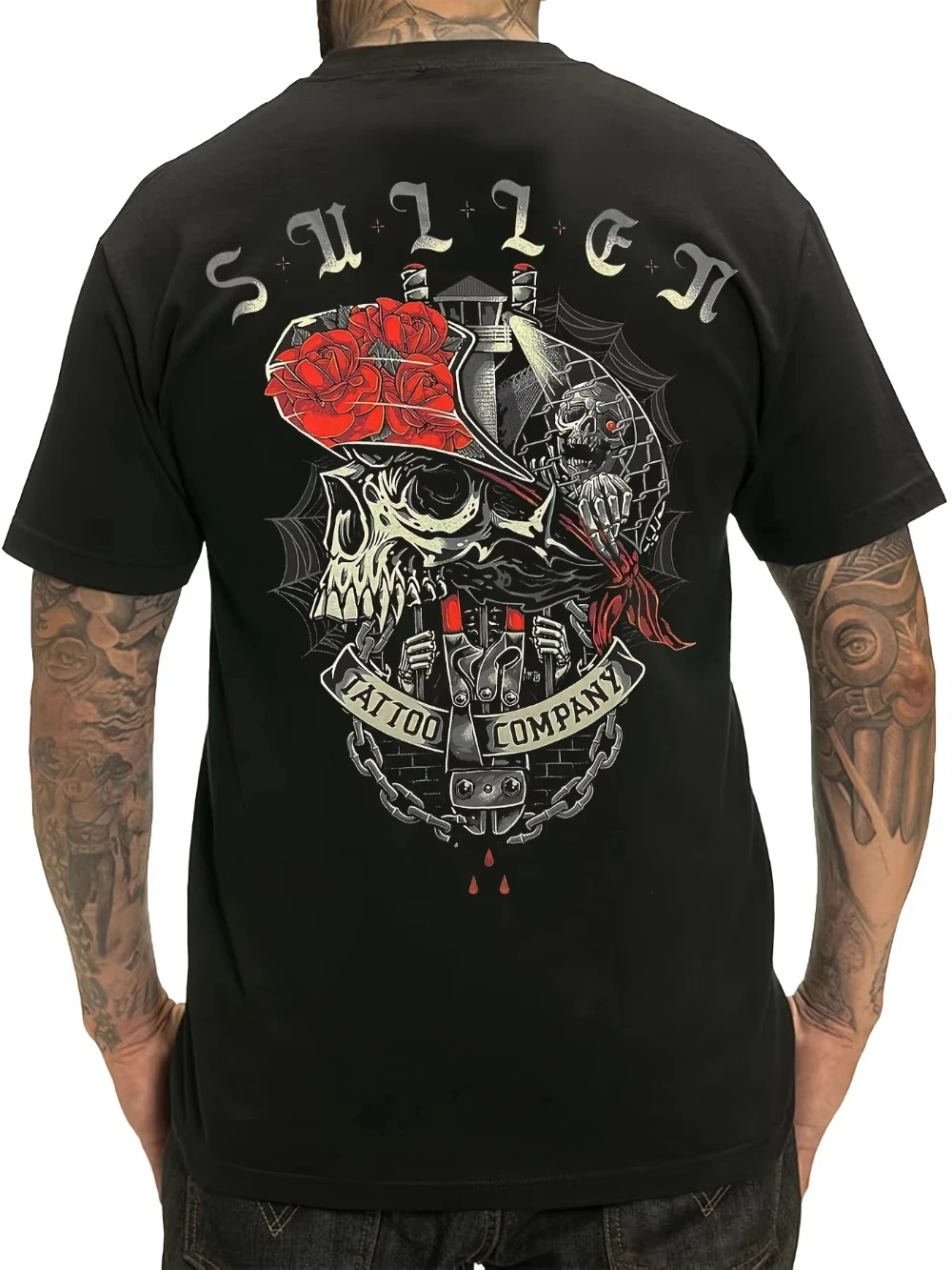 

Men's Sullen Breakout Tattoo Lifestyle Graphic T-Shirt Black Cotton Crew Neck Tee with Intricate Skull Rose Design 2025 Summer T