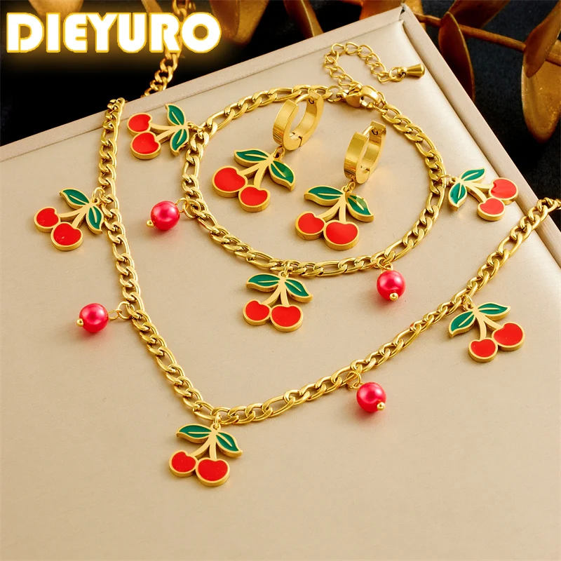 DIEYURO 316L Stainless Steel Red Cherry Fruit Pendant Necklace Earrings Bracelet Set Girl New Trend Waterproof Jewelry Gift Sets