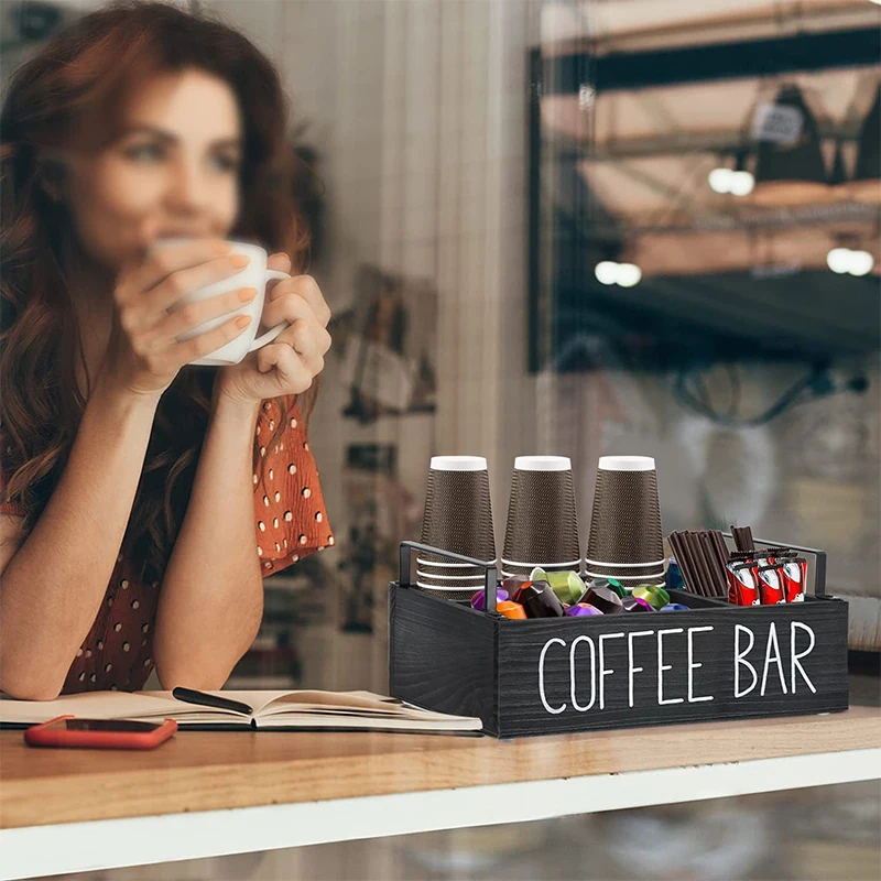 Black/White Wooden Coffee Bar Storage Box Coffee Station Organizer For Counter Durable Home Storage Box Coffee Bar Accessories