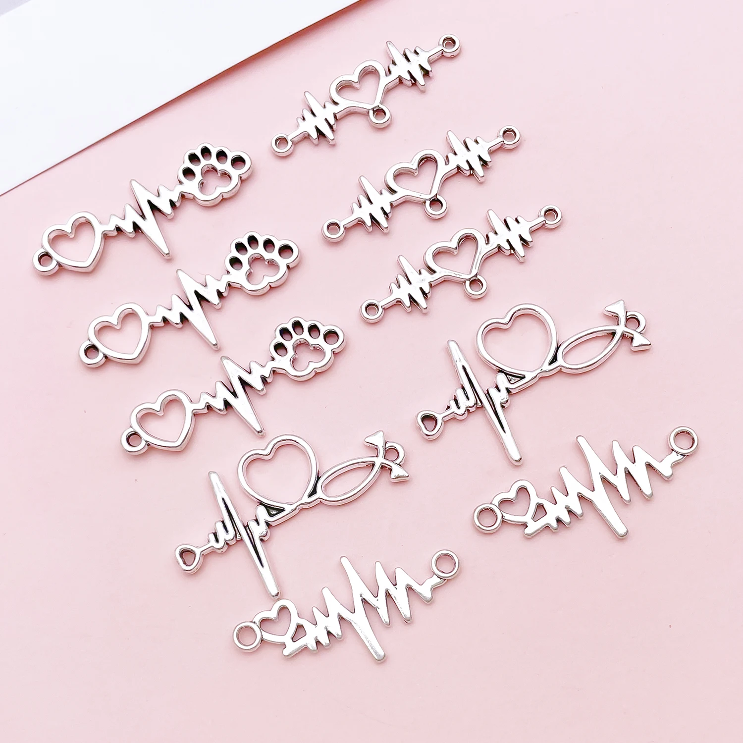 2pcs/10pcs Alloy Ancient Silvery Electrocardiogram Pendant Jewelry Making DIY Earrings Charms for Jewelry Bracelets Necklace