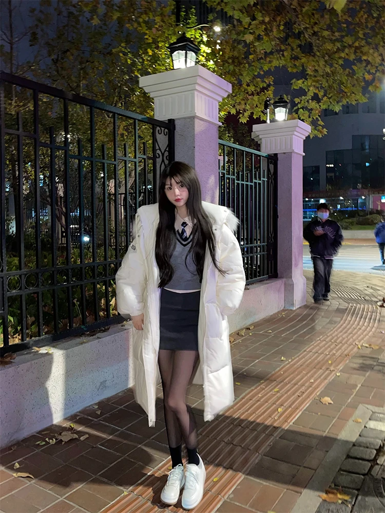 

Длинное белое женское зимнее пальто Jaet длиной до колена Lala Seoul для средней школы, 90% пуховое повседневное свободное пальто