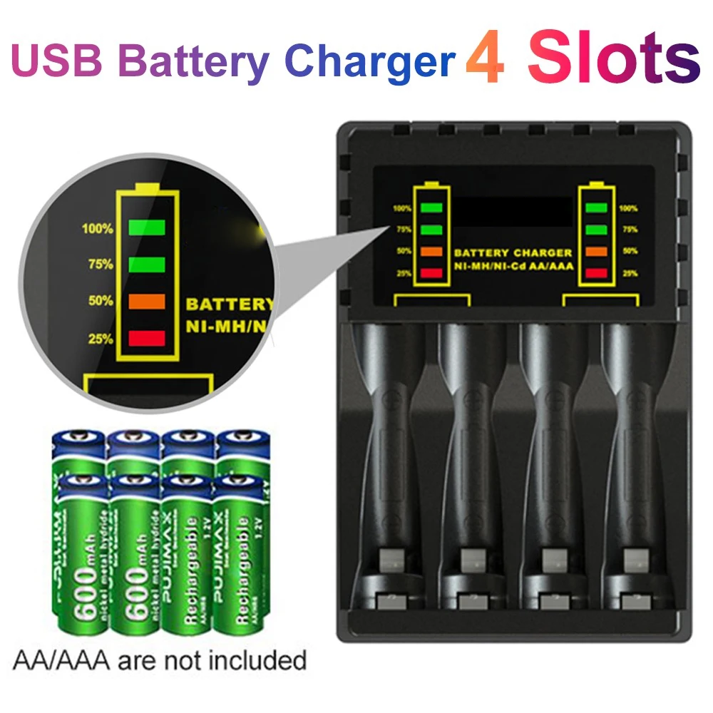 4 Slot Battery Charger For AAA/AA Rechargeable Batter Charger With LED Indicator Charger Cable For AA/AAA Ni-MH/Ni-Cd Batteries