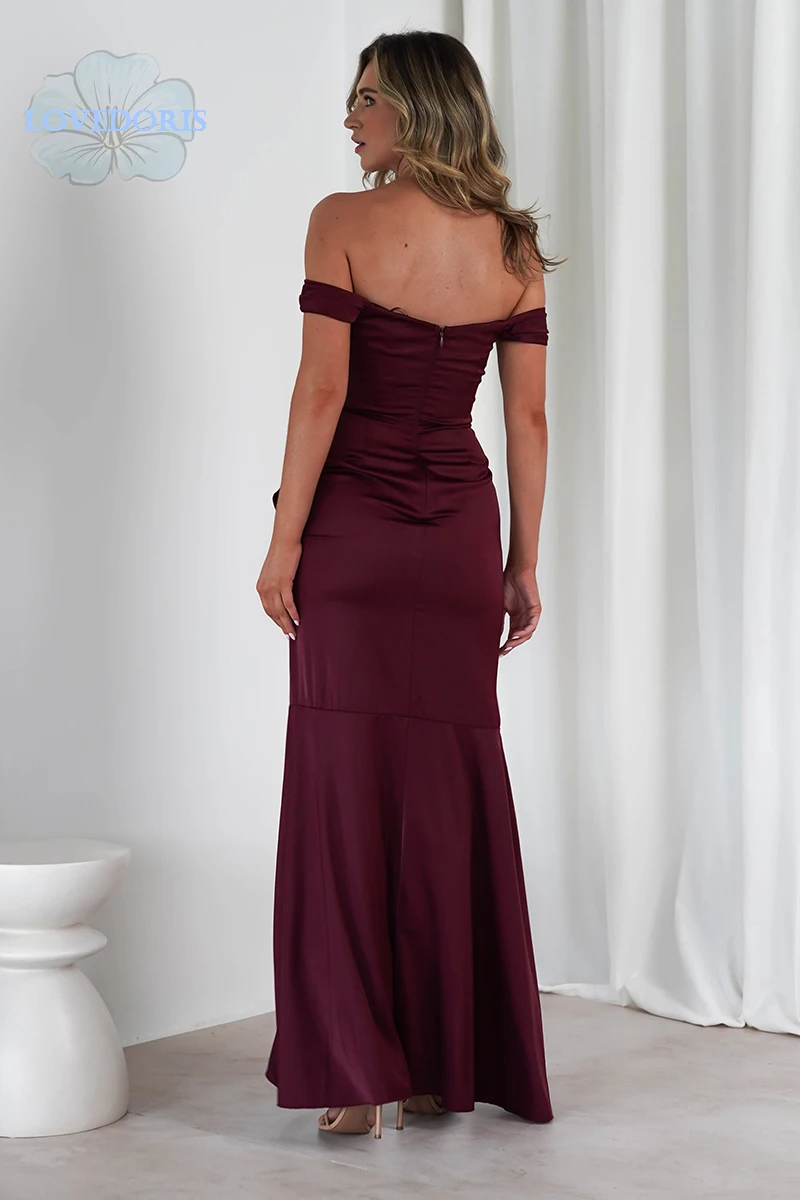 LoveDoris Burgundy Evening Prom Dress Off the Shoulder Bridesmaid Dress High Split Backless Dress A-Line Customize