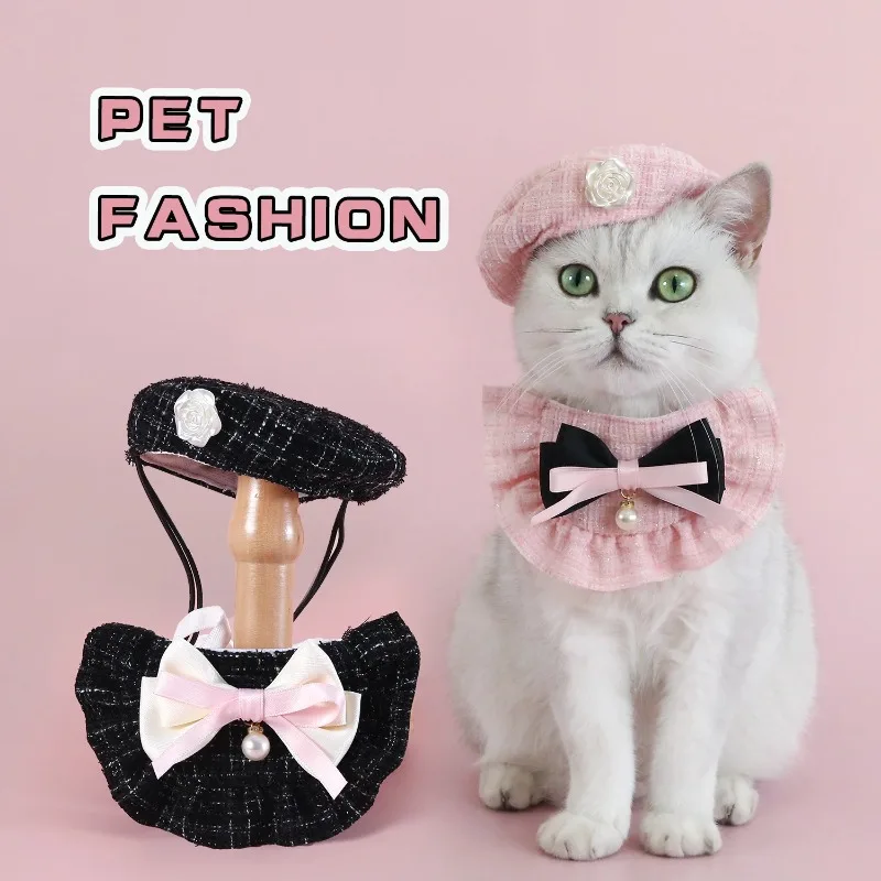 

1pc Elegant Pet Princess Outfit Set - Chic Beret, Pearl Bow & Floral Bib for Cats and Small Dogs