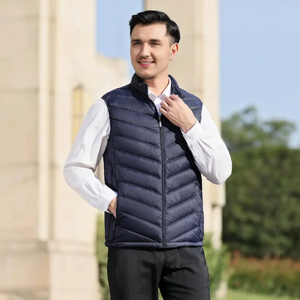 

Men Zipper Closure Vest Men's Cotton Thermal Vest with Stand Collar Zipper Closure Pockets Solid Color Winter for Layering