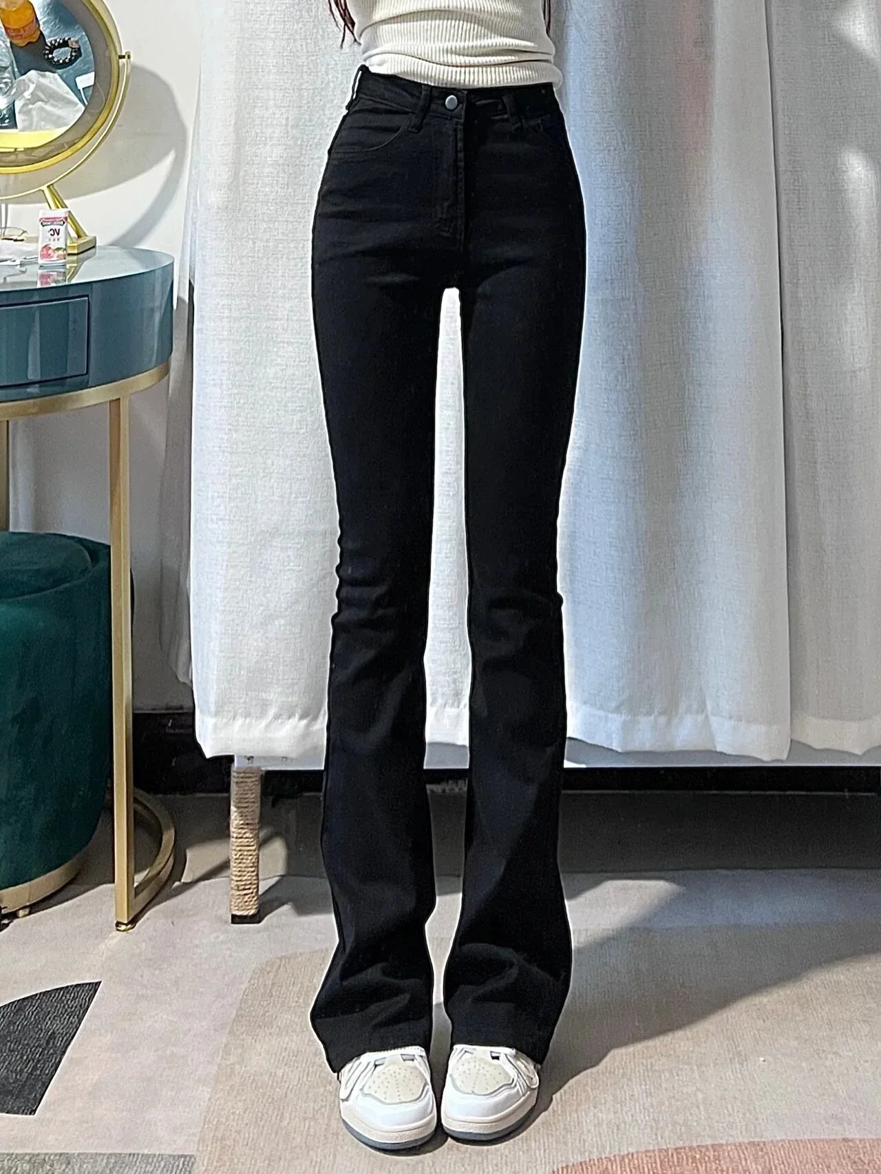 Vaqueros acampanados de cintura alta para mujer Primavera Faion 2024 Slim Fit Elástico Bla Jeans Cintura alta Bell Bot Estiramiento largo de algodón...