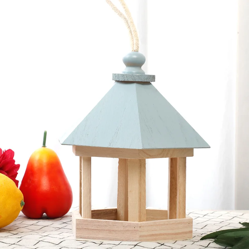 

N04R Hanging Wooden Bird Feeder Hexagon Roof Garden Tree Patio Decor Decoration Wooden Bird Supplies