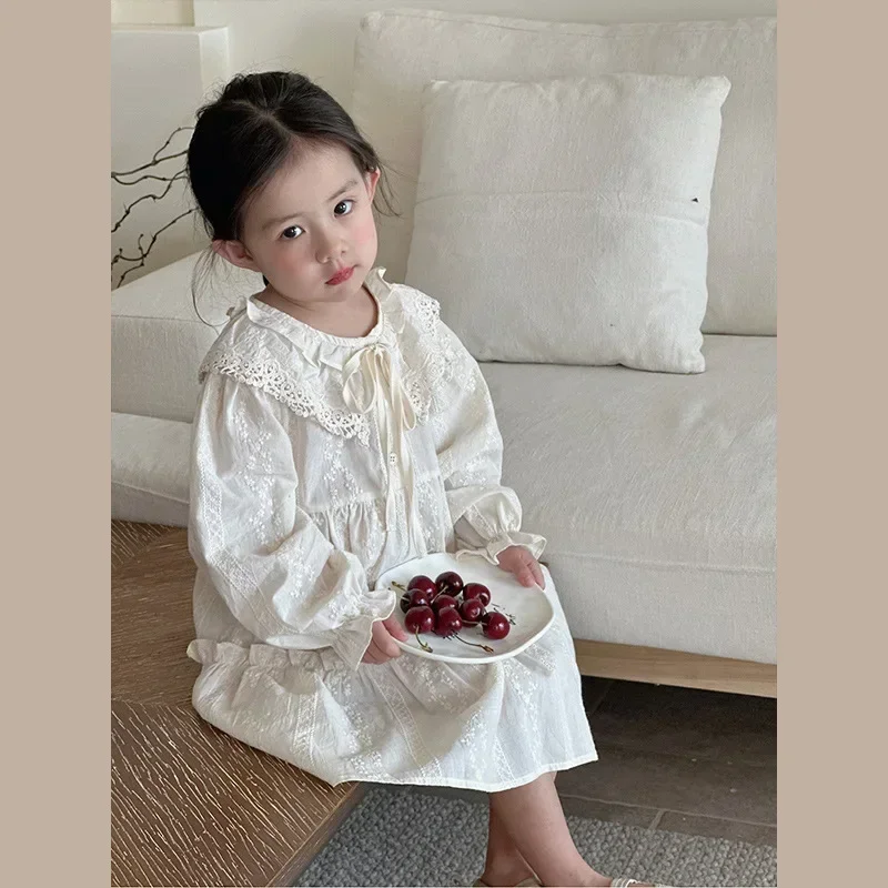 France style fashion girls embroidery princess dresses Baby girls loose long sleeve lacework dress