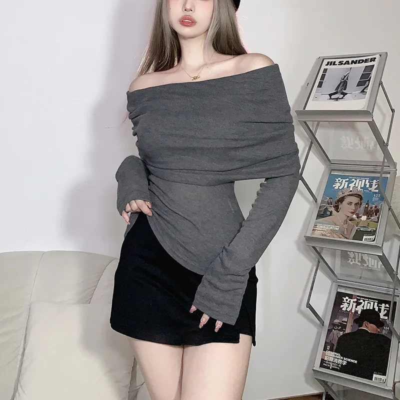 2022 Winter Fashion Trendy Women's New Long Sleeve One Shoulder Slim Fit Solid Color Versatile T-Shirt