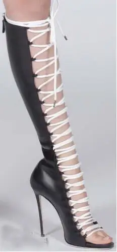 Women Yellow White Black Leather Patchwork Cross Tied Lace Up Peep Toe Thin Heels Zipper Back Gladiator Knee High Sandals Boots