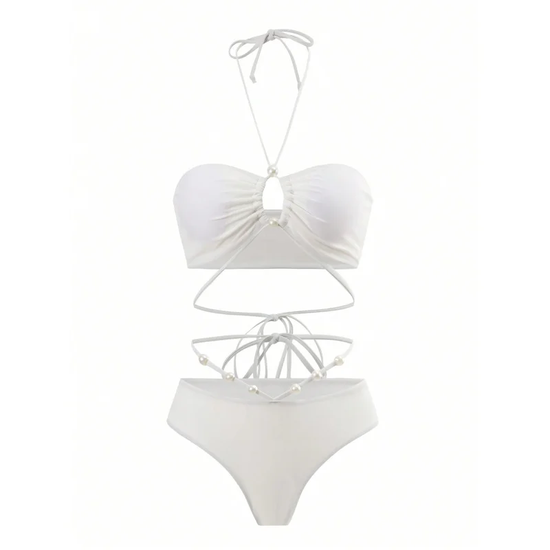 Sexy Bikini Set Swimsuit Women Pearls Halter Backless Lace Up Cover Up Swimwear 2025 New Biquini 3 Piece Beachwear Bathing Suit