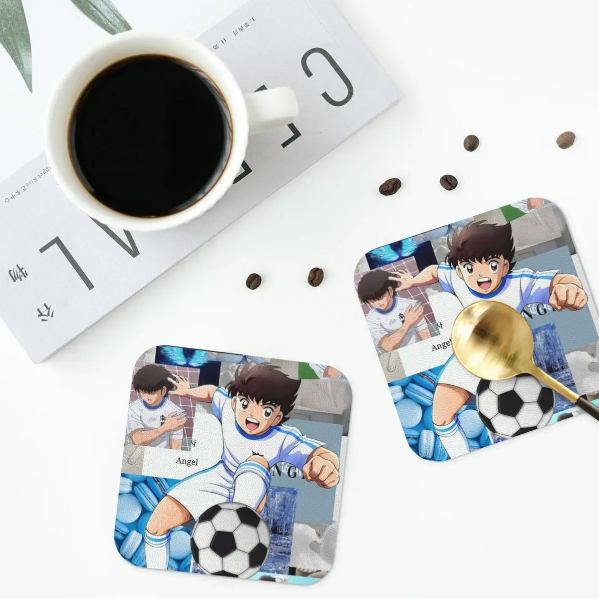 Ozora Oliver Atom Capitan Tsubasa - Posavasos de cuero PVC, aislantes, para café, para el hogar, cocina, comedor, juego de 6