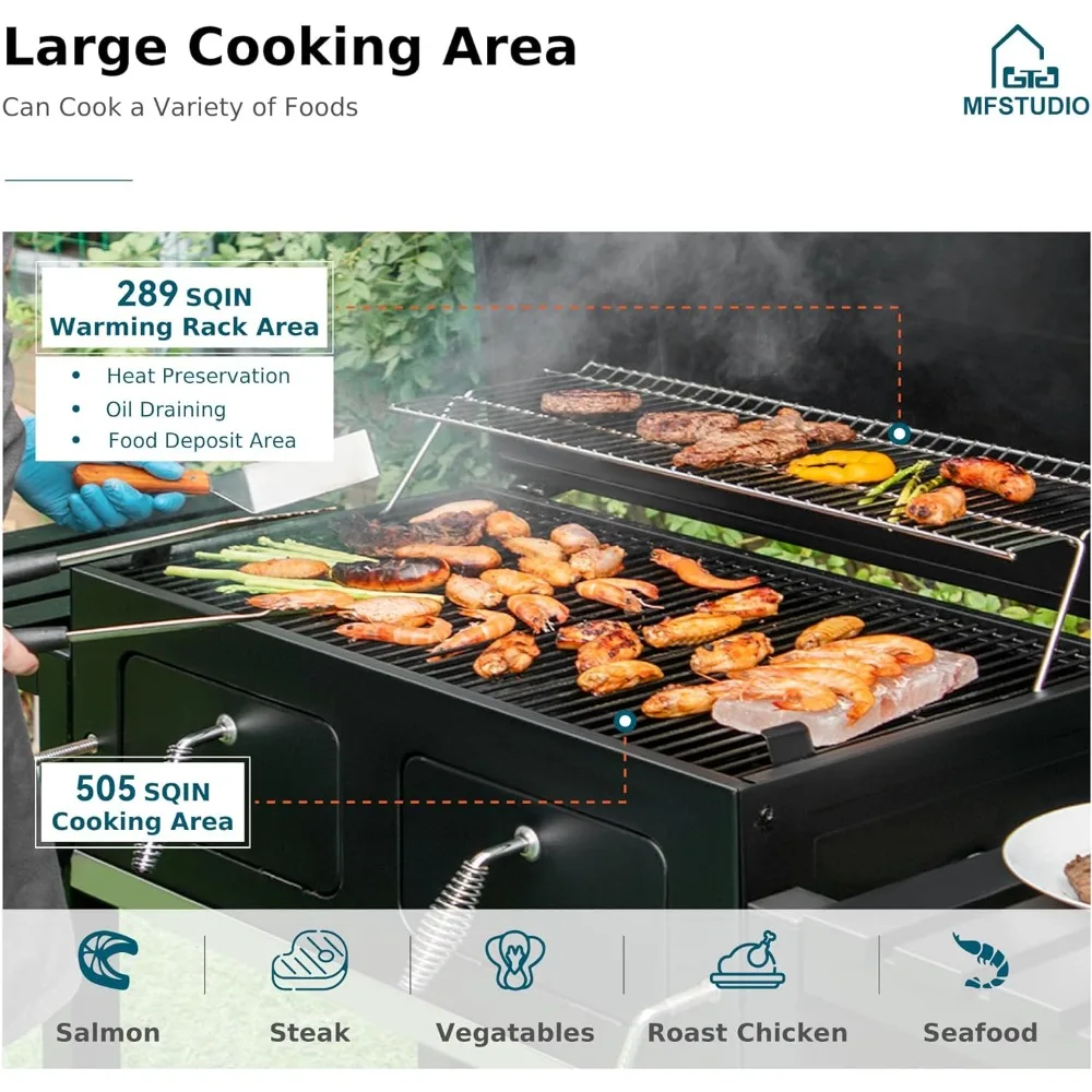 Extra Large Charcoal BBQ Grill with Easy Clean Full Size Ash Tray and Adjustable Charcoal Plate, 794 SQ.IN. Cooking Area.