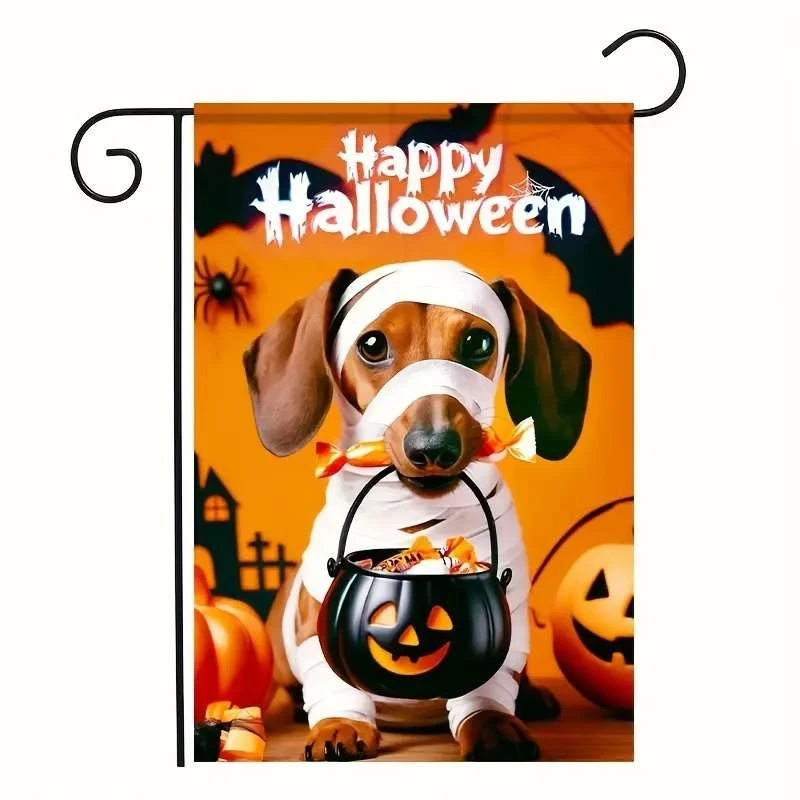 1pc, 2D Flat Halloween Mummy Dachshund Garden Flag, No Electricity Needed, 12 Inches X 18 Inches, Perfect for Gardens, Terraces, And Various Occasions, Pole And Banner Not Included