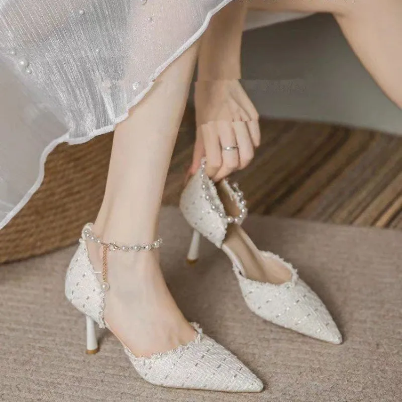 

Sandals Sequins Cotton News Style Hollow Pointed Toe Pumps Stiletto Heels Pearl Belts Versatile Graceful Women Shoes Plus Siz 43